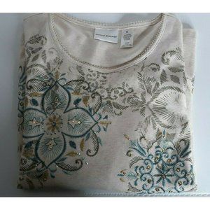 Alfred Dunner Womens XL Tan/Blue/Green Embroidered Color Stones Studs Floral Top